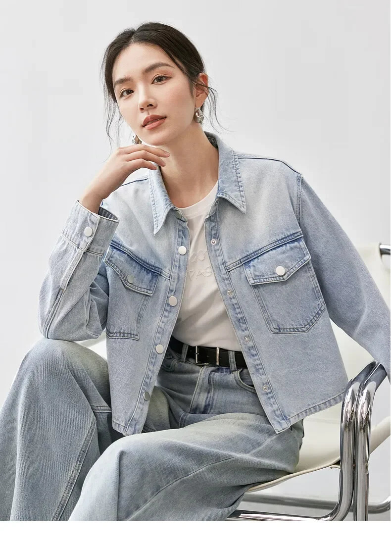 SENTUBILA Womens Spring Cropped Denim Jacket 2025 Long Sleeve Outerwear Short Coat 100% Cotton Washed Jean Jackets W43W56031 250122