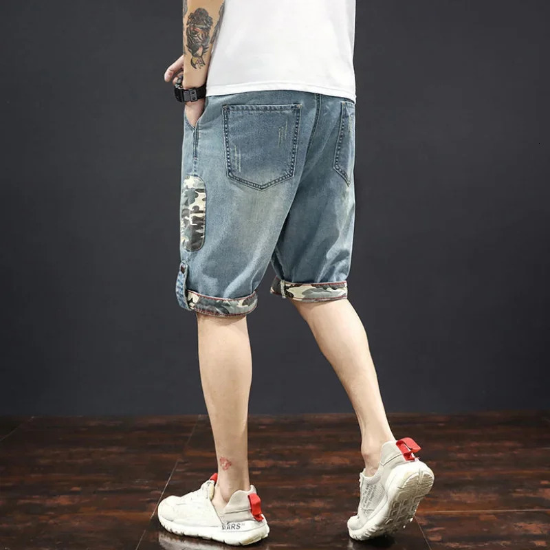 Man Denim Shorts Knee Length Short Jeans Pants for Men Selvedge Long Camouflage Half Cow Trend Wide Thin 250206