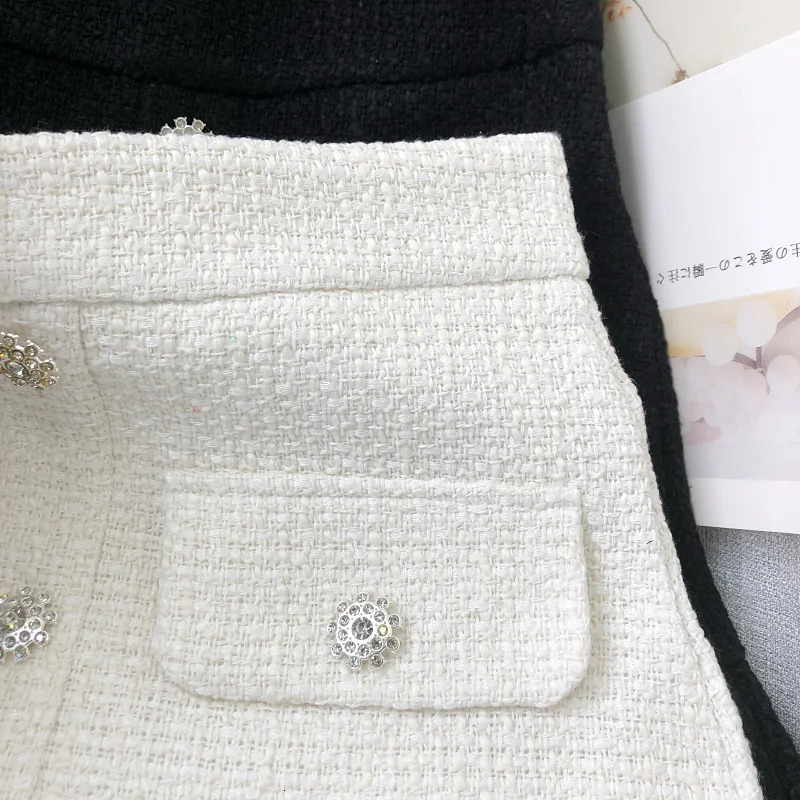 OCEANLOVE Tweed Women Skirts Solid Ruffles Vintage Aline Buttons Autumn Winter Folda Korean Elegant Skirt Femme Retro 250206Z