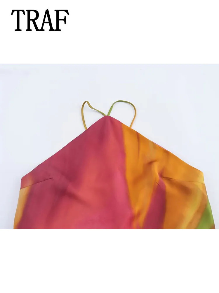 TRAF 2024 Womens Summer Retro Halter Fashion TieDye Dress Bohemian Style Elegant Sleeveless 250121