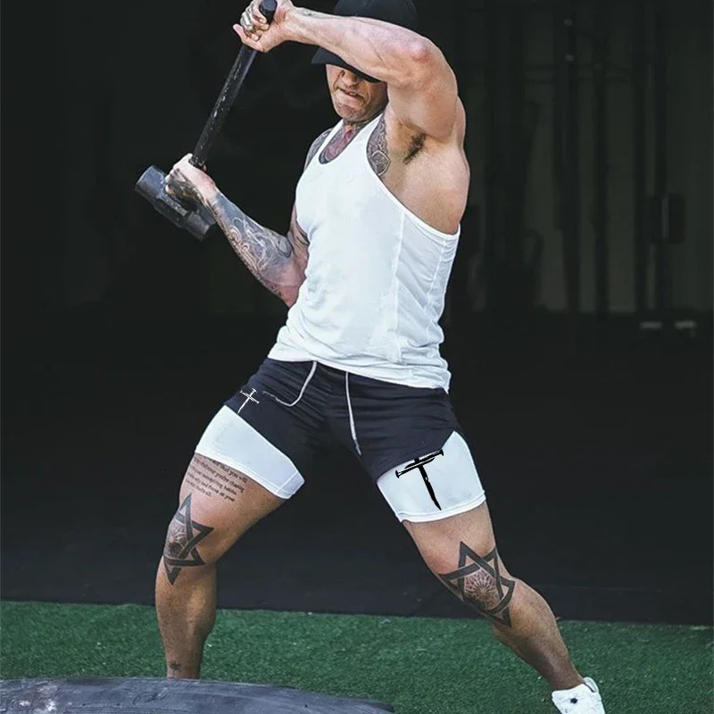 Cross Graphic 2in1 mens sports running shorts Christian gym performance with phone pocket towel loop activity suit 250206Z