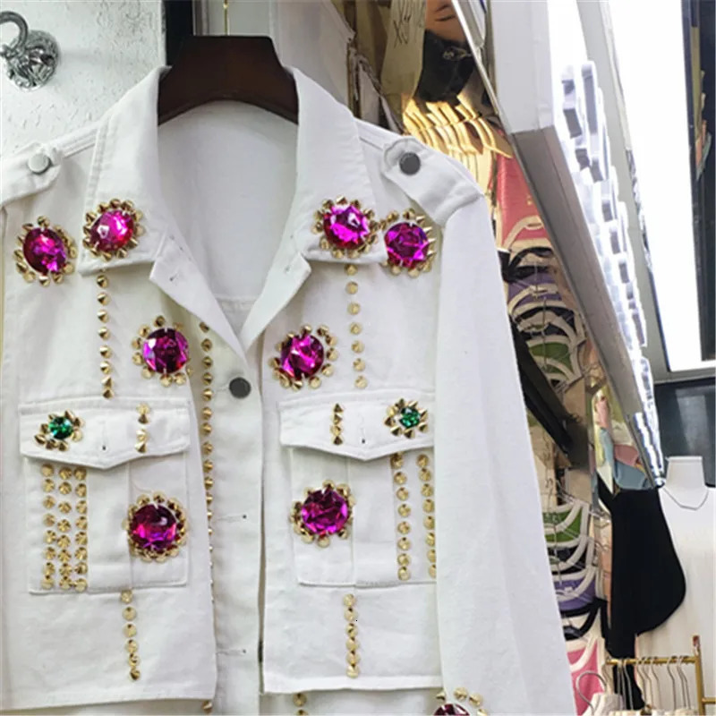 Heavy Work Diamonds Rivet White Blue Denim Jacket Women Loose Short Cow Outerwear Long Sleeve Big Pocket Jeans Jacket Female 250122