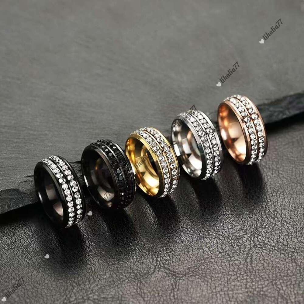 Stylish simple titanium steel ring Stainless steel jewelry double row diamond set diamond couple ring
