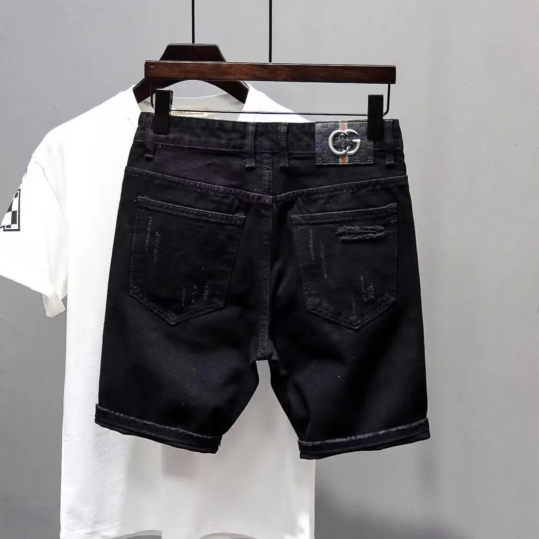 Summer Casual Mens Denim Shorts Korean Straight Washed Jeans Short Ins Ripped Cat Whisker Ink Splash Plaid Black Five-Pants 250206