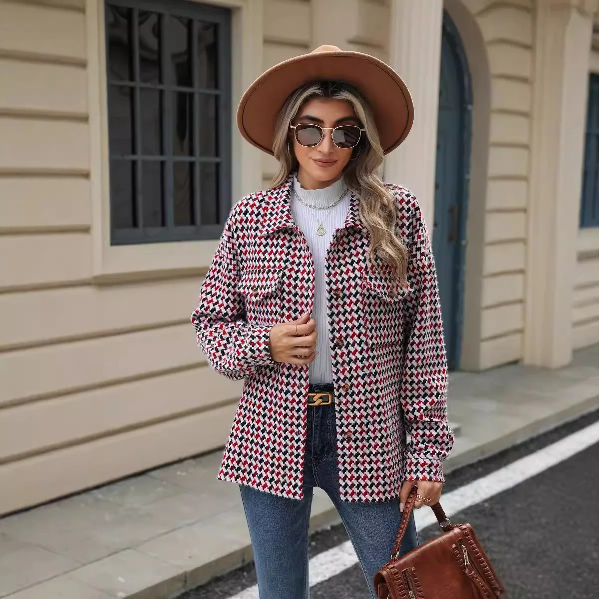 YJKDYK Autumn Winter Womens Houndstooth Jacket Female Loose Long Sleeved Woolen Coat With Pocket Ladys Coats Casual Jacket 250116