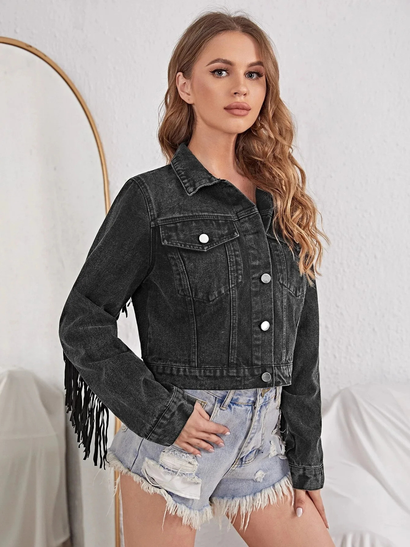 Women Cropped Denim Jacket long sleeve distressed fringe jean coat 250122