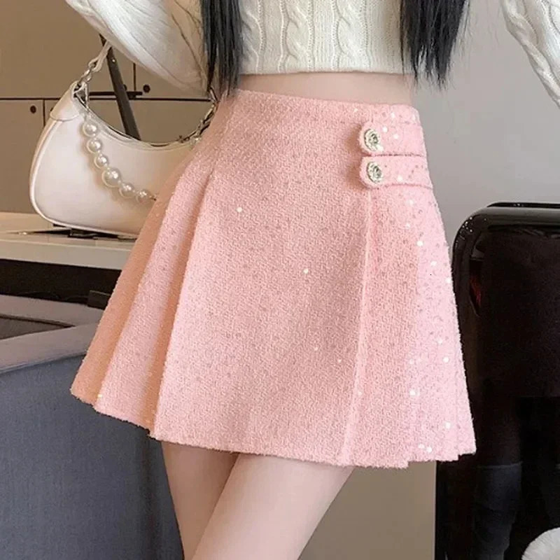 Women Tweed Skirts Fashion Pencil Bodycon High Waist Vintage Autumn Winter Slim Korean Elegant Short Mini pleated Skirt 250206Z