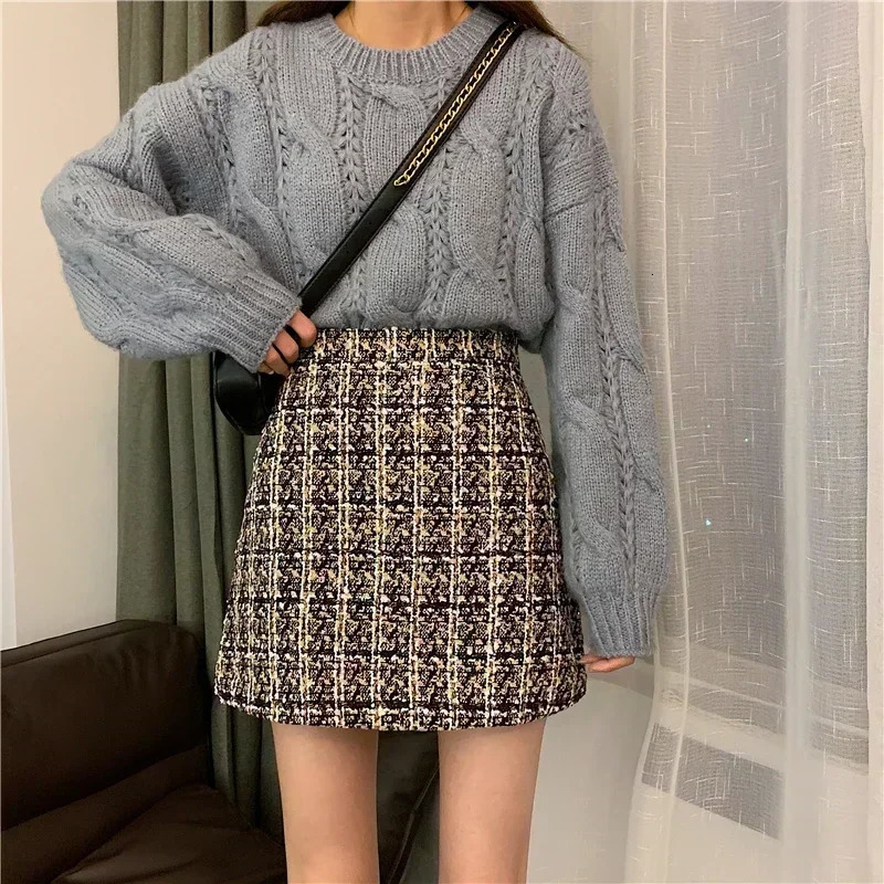 Plaid Wool Skirt Women Textured Glittery High Waist ALine Tweed Mini Saia Feminina Fall Winter 2024 Classic Outfit 250206Z
