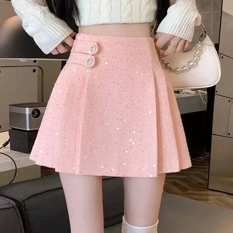 Women Tweed Skirts Fashion Pencil Bodycon High Waist Vintage Autumn Winter Slim Korean Elegant Short Mini pleated Skirt 250206Z