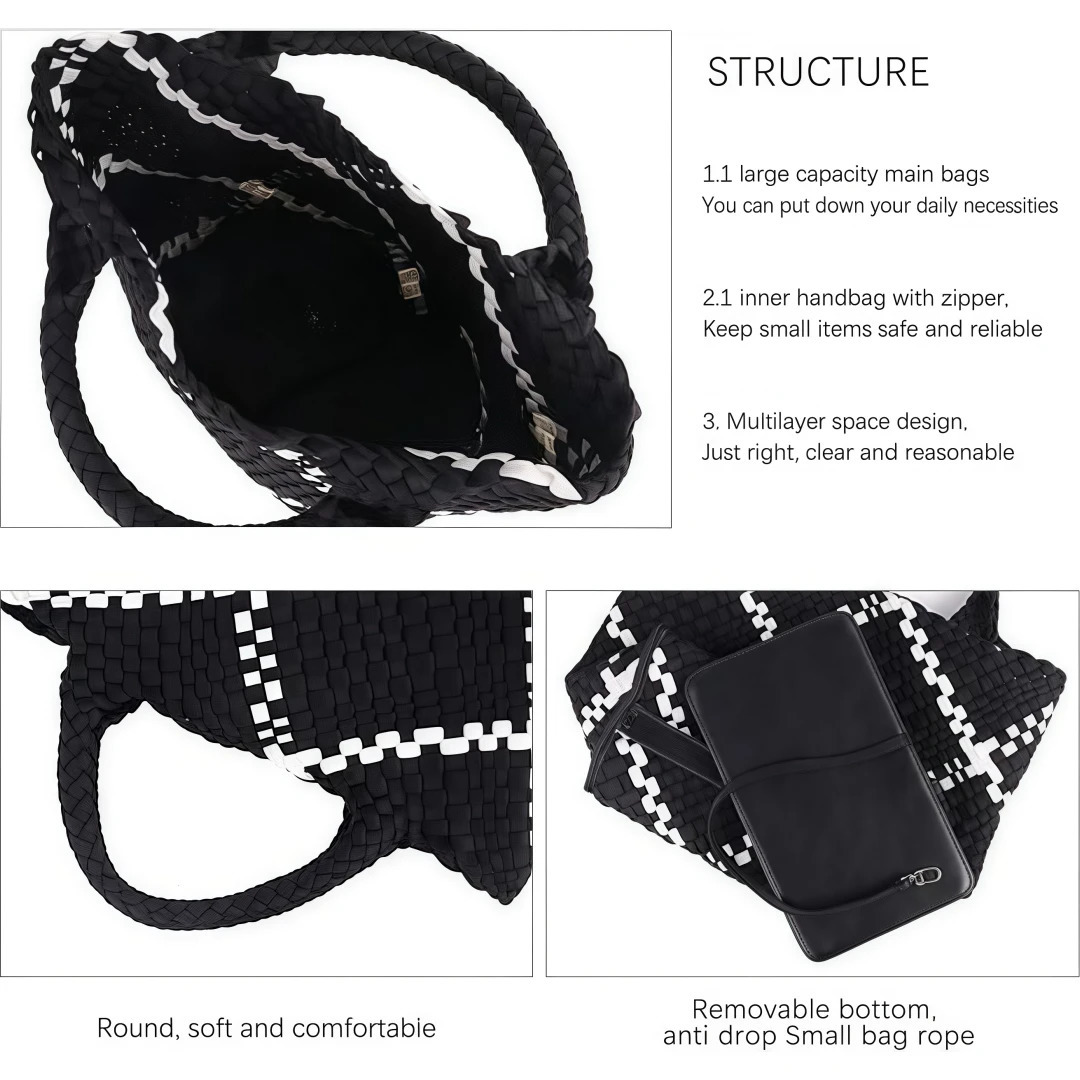 Woven Bag for Women Neoprene Tote Bag Summer Beach Handbag Purse Retro Handmade Travel Shoulder Bag Set Neoprene Weave Tote Bag 250207