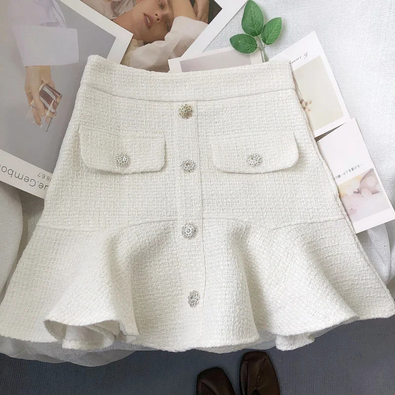 OCEANLOVE Tweed Women Skirts Solid Ruffles Vintage Aline Buttons Autumn Winter Folda Korean Elegant Skirt Femme Retro 250206Z
