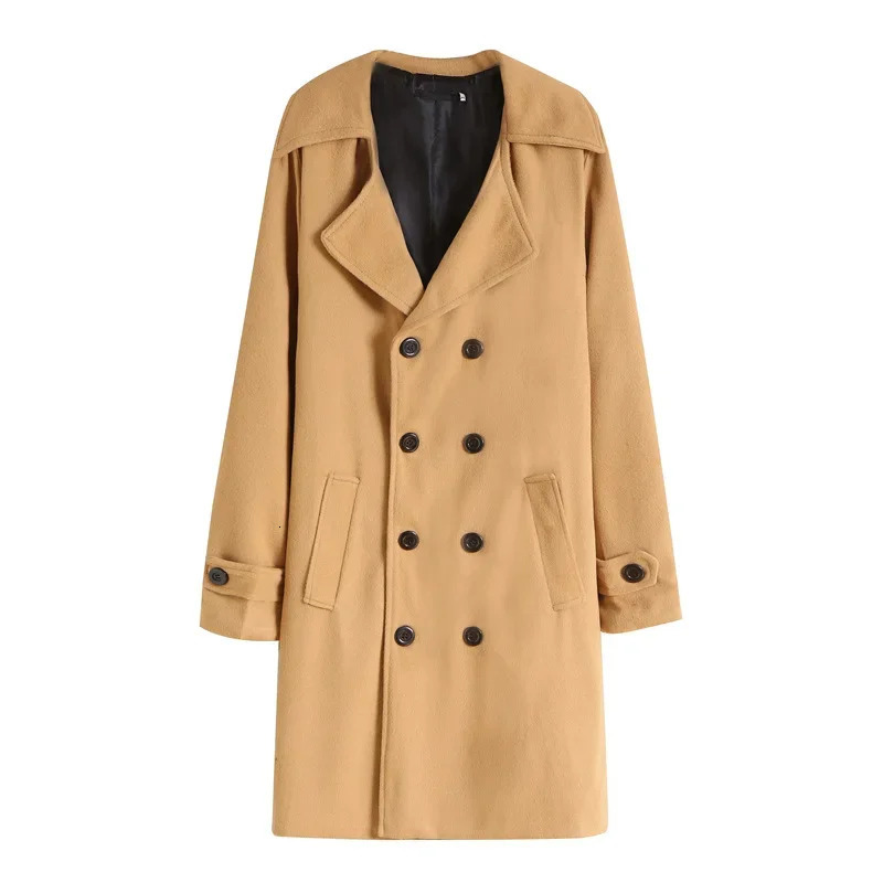 Mens Double Breasted Nylon Trench Coat Mid Length Trendy Slim Fitting Casual Woolen 250208
