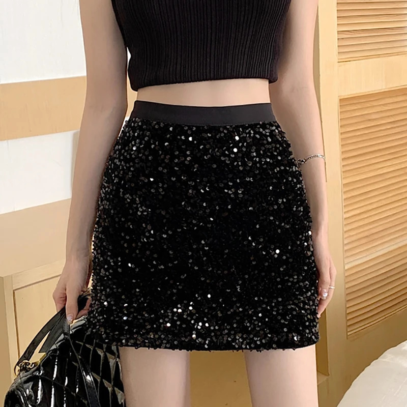 ITOOLIN Women Casual High Waist Tweed Aline Skirts Chic Shiny Sequined Bodycon Mini For Party Package Hip 250206Z