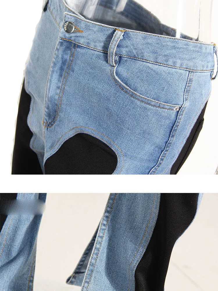 Fashion Designer Color Block Womens Jeans Slim Deconstruct Panelled Patchwork High Waist Split Blue Long Denim Pants AutumnT250208