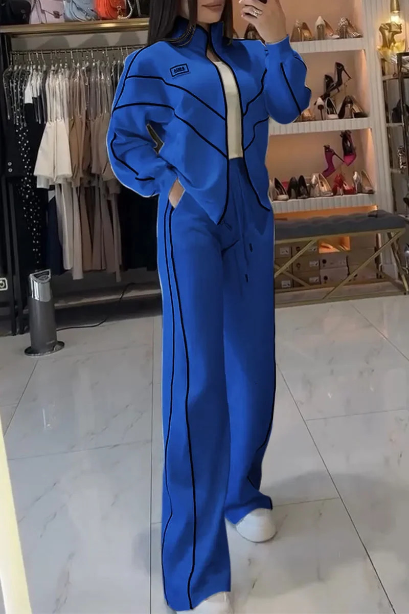 Women Fashion Elastic Waist Lace-up Solid Sport Outfits Casual Long Sleeve Loose 2Pc Set Elegant Zip Sweatshirt Long Pant Suit 250208