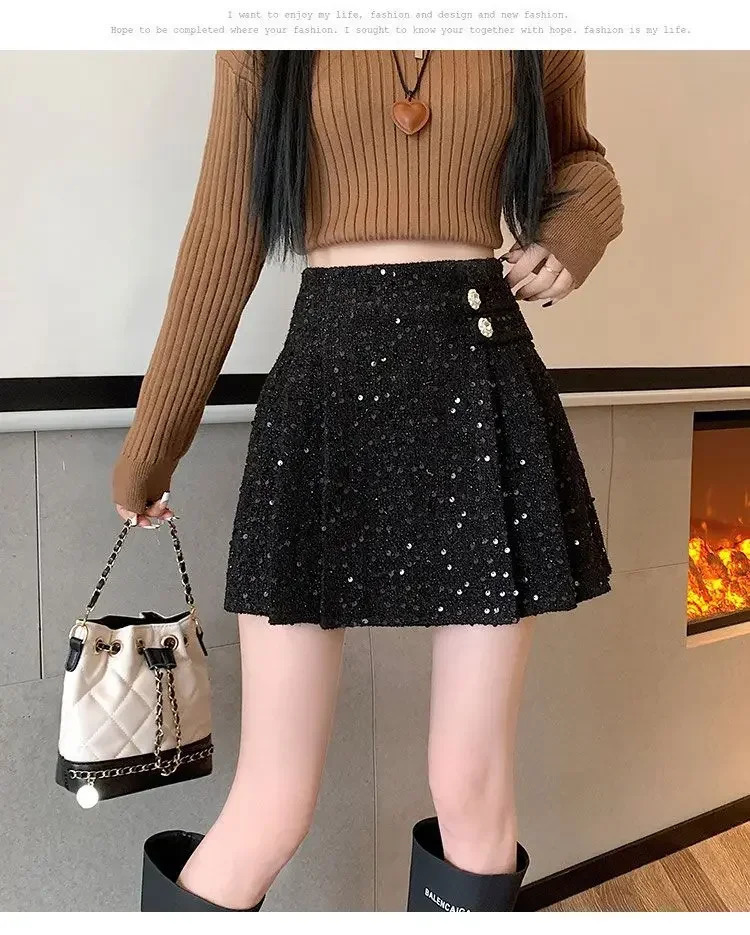 Women Tweed Skirts Fashion Pencil Bodycon High Waist Vintage Autumn Winter Slim Korean Elegant Short Mini pleated Skirt 250206Z