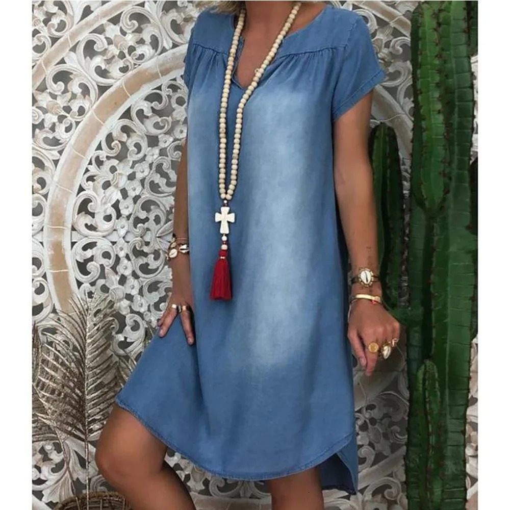 Denim Dress Swing Summer Plus Size 1XL5XL Womens Fashion Casual Solid V Neck Long Party Loose Short Sleeve 250121