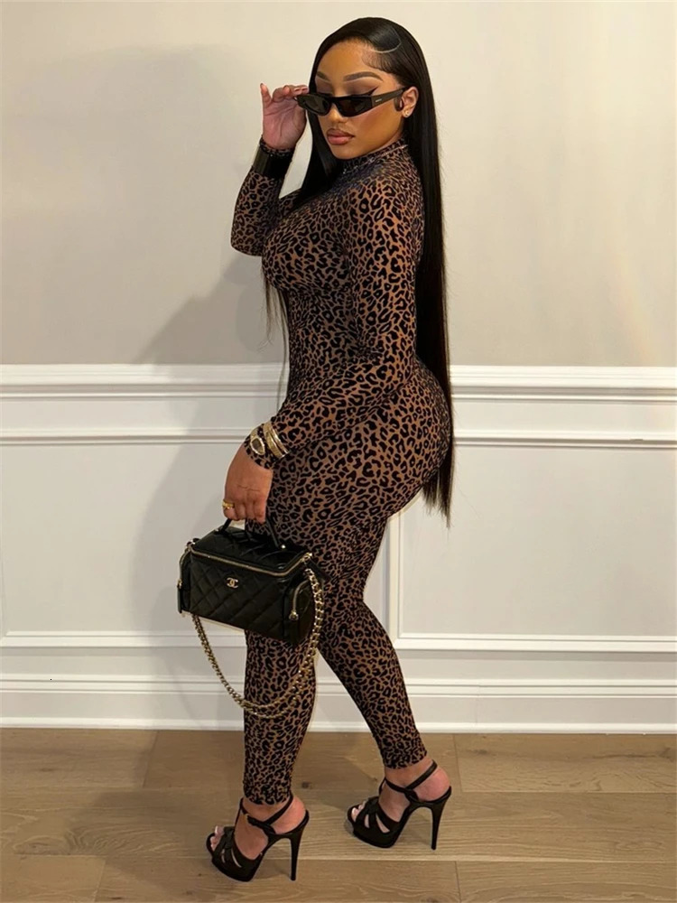 Aualay Autumn Trend Leopard Flocking Skinny Jumpsuit Sexy Night Clubwear For Women 2024 Long Sleeve 4 See Through Romper