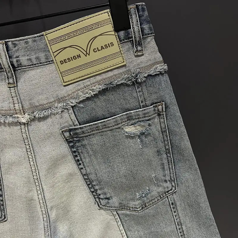 Korean Style Clothes Korean Clothing Mens Knee-Length Spliced Cow Denim Shorts Stretch Casual Short Jeans Man 250206