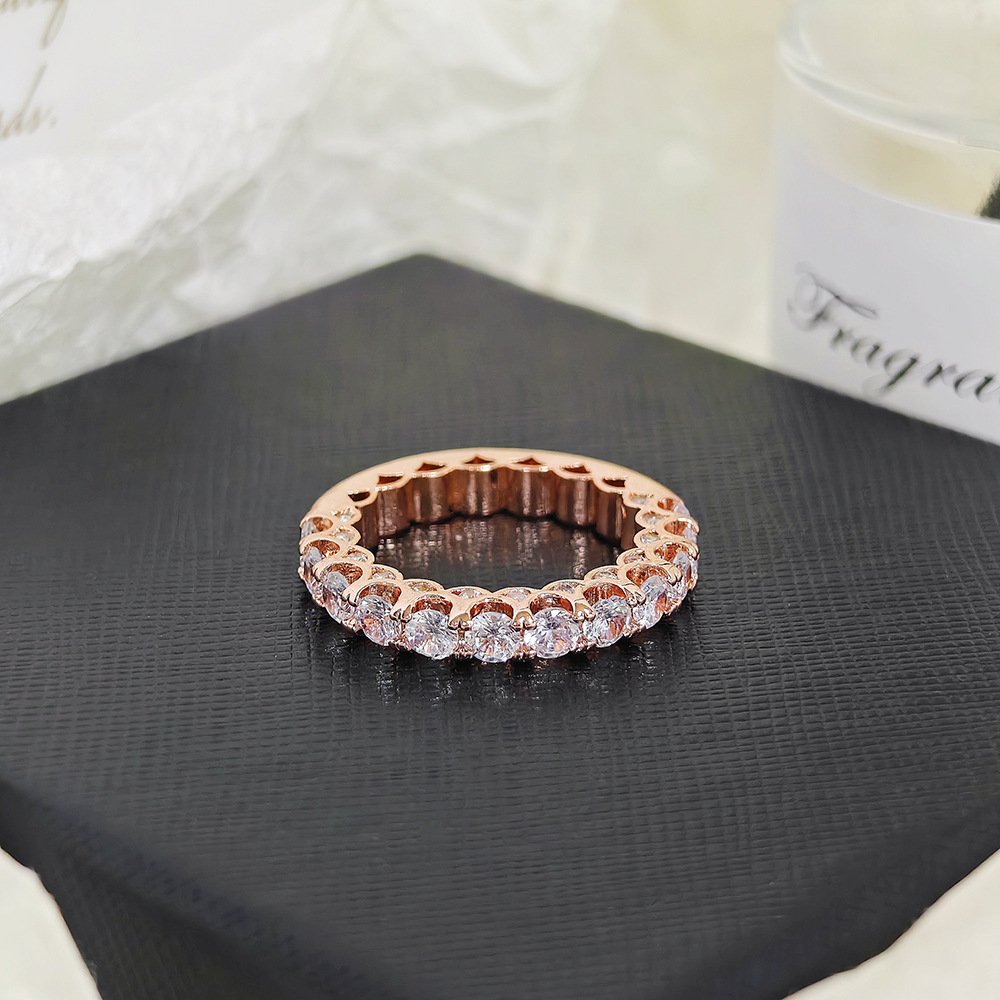 Unique Design Rose Gold 925 Silver Color Round 5A Cubic Zircon CZ Diamond Gemstones Eternity Band Ring for Women Anniversary Gift Jewelry Wholesale