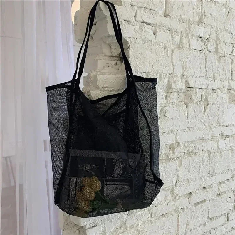 Summer Mesh Hollow Tote Bag Women Large Capacity Shoulder Bag Transparent Beach Bags Canvas Shoping Hobo Bags Handle Tote 250207