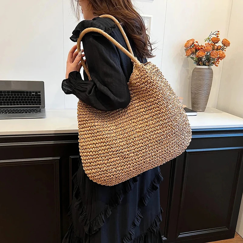 Straw Crochet Underarm Bag Hand-Woven Handbag Summer Weaving Simple Beach Shoulder Bags Women Solid Color 250207