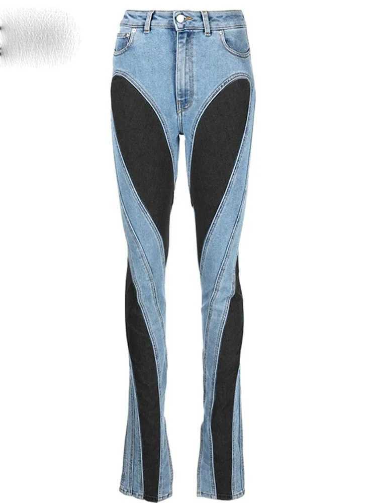 Fashion Designer Color Block Womens Jeans Slim Deconstruct Panelled Patchwork High Waist Split Blue Long Denim Pants AutumnT250208