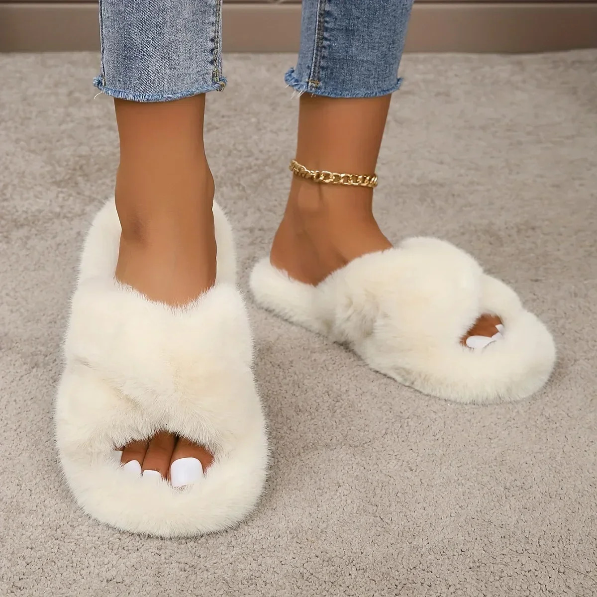 Fluffy Furry Cross Band Fuzzy Slippers Cozy Open Toe Flat Plush House Shoes Comfy Warm Home Slides Winter Women Sandals 250117