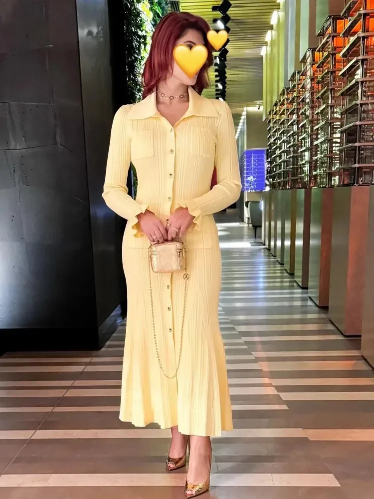 Knitted Hip Wrap Long Dresses Elegant Threaded Lapel Deep V Knitwear Dress Fashion Waist Cinching Slimming Spring Autumn Robes 250208