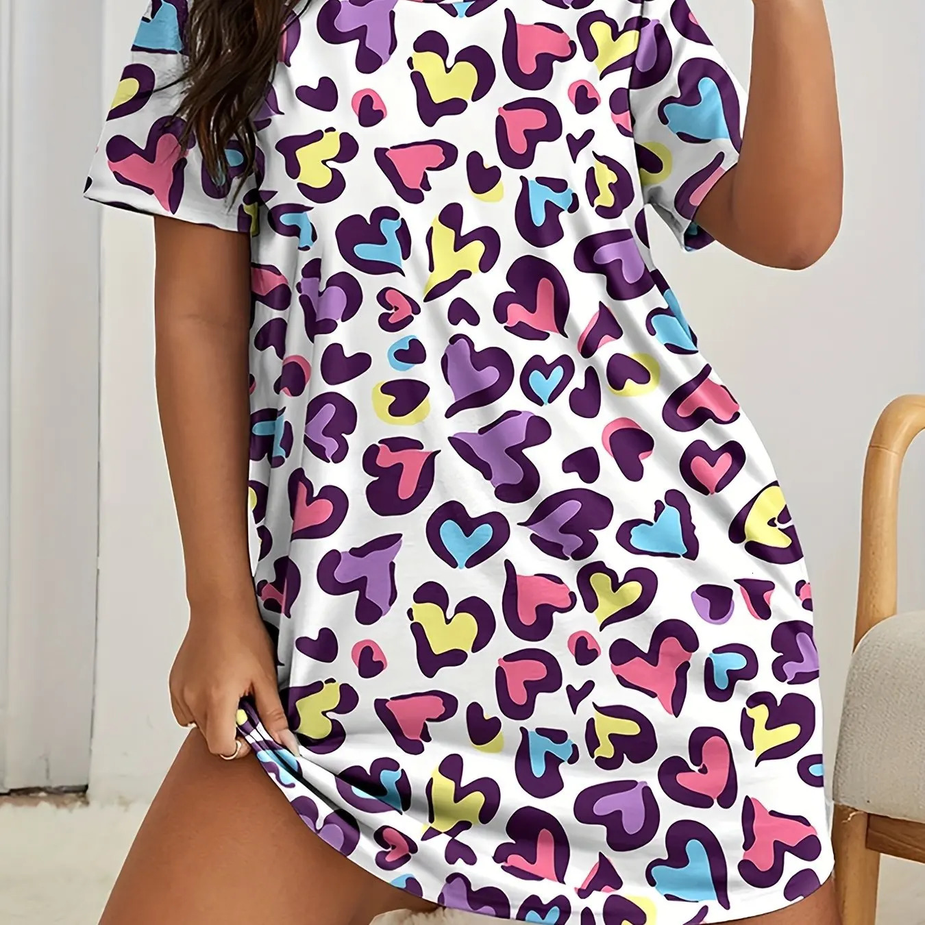 Plus Size Printed With Love Womens Dresses Summer Home Stretchy Nightgowns Leopard Knee 250121