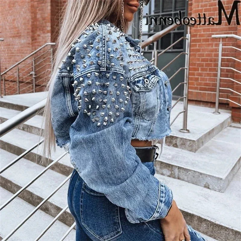 Western Cow Style Studded Decoration Jacket Womens Lapel Single-breasted Short Coat Trend Streetwear Female Casual Outerwear 250122