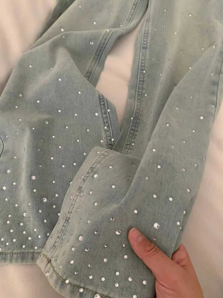 Rhinestone Straight Leg Jeans Womens Retro Washed Wide Leg Pants Classic Blue High Waisted Loose All-Matched TrousersT250208