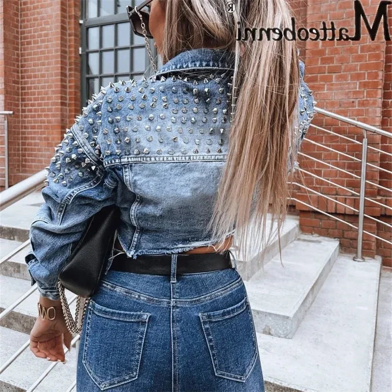 Western Cow Style Studded Decoration Jacket Womens Lapel Single-breasted Short Coat Trend Streetwear Female Casual Outerwear 250122