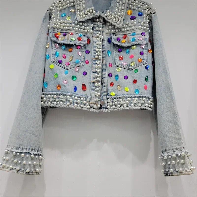 Spring Autumn Women Rainbow Diamonds Pearls Beaded Denim Jacket Rhinestones Rivets Short Jeans Cow Cardigan Sequined Outwear 250122