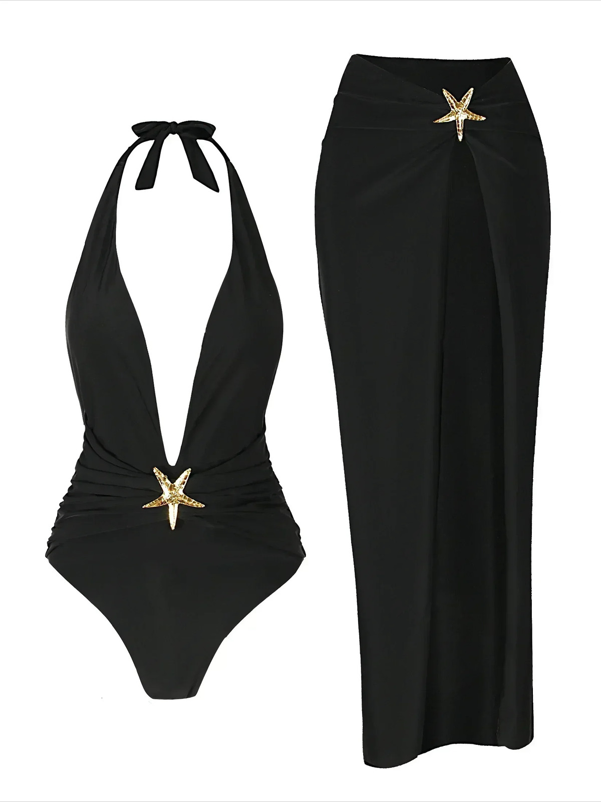 2 Piece Swimsuits for Elegant Women Starfish One Piece Bathing Suits with High Split Skirt Cover ups Sexy Halter Bikini Sets K59 250210