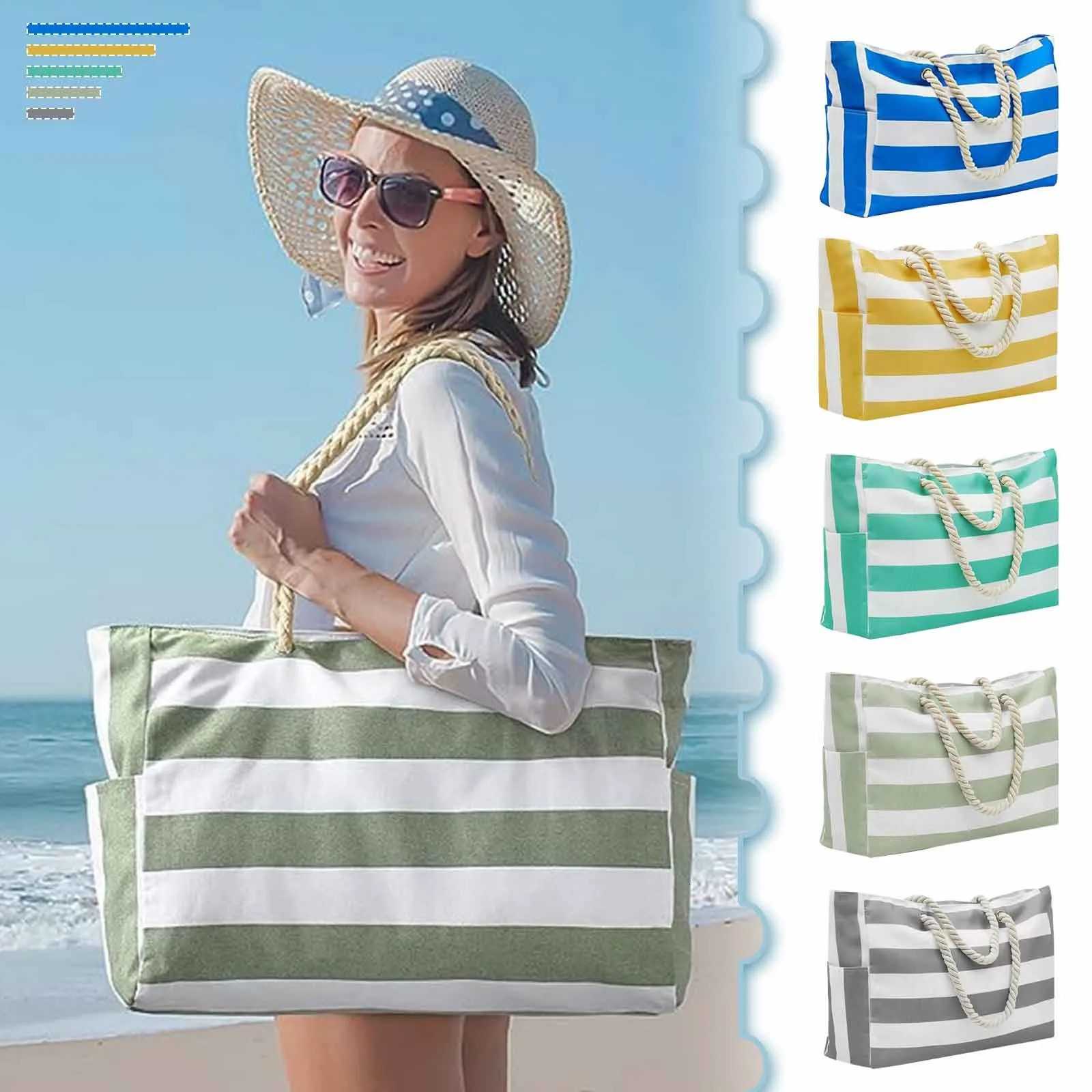 Striped Zipper Double Outer Bag Canvas Polyester Beach Bag For Outdoor Travel Seaside Vacation Large Capacity 250207