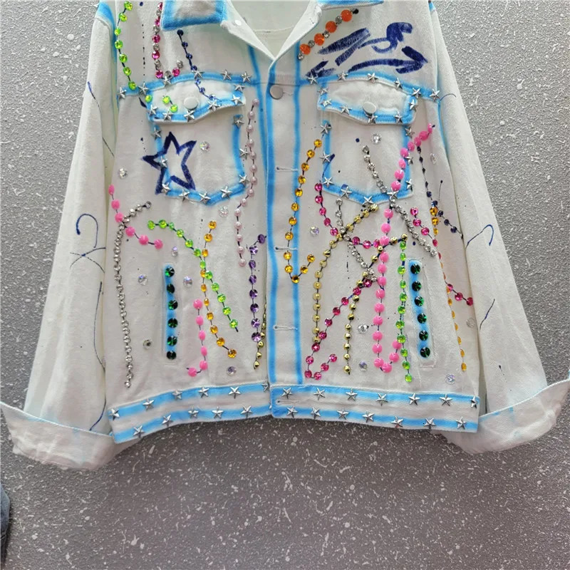 Multicolour Rivet Diamonds Big Pocket Denim Jacket Women Loose Short White Blue Cow Outerwear Print Jeans Jacket Coat Female 250122
