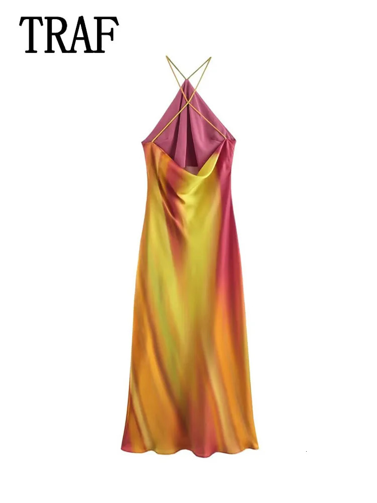 TRAF 2024 Womens Summer Retro Halter Fashion TieDye Dress Bohemian Style Elegant Sleeveless 250121