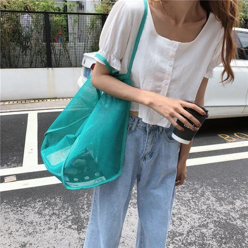 Summer Mesh Hollow Tote Bag Women Large Capacity Shoulder Bag Transparent Beach Bags Canvas Shoping Hobo Bags Handle Tote 250207