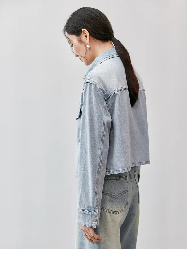 SENTUBILA Womens Spring Cropped Denim Jacket 2025 Long Sleeve Outerwear Short Coat 100% Cotton Washed Jean Jackets W43W56031 250122