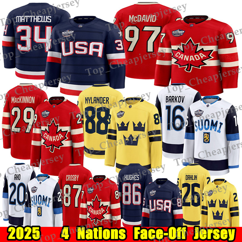 2025 4 Nations hockey jersey Face-Off Sidney Crosby Nathan MacKinnon Matthew Tkachuk Jack Eichel Adam Fox Dahlin Aleksander Barkov Hughes William Nylander jerseys