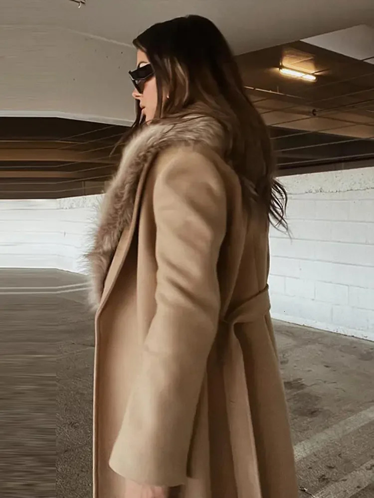 Fur Collar Long Woolen Coat Belt Lace Up Waist Cinching Pocket Plush Wool Overcoat Fashion Outwear Top Winter Womens Clothing 250109Z