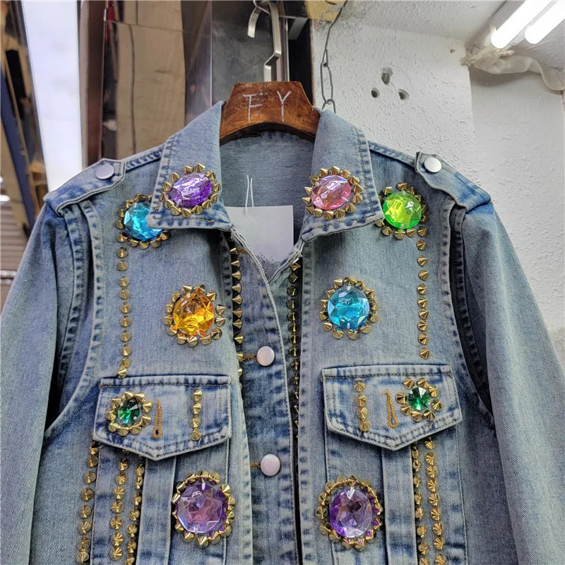 Diamonds Rivet Big Pocket Long Sleeve Denim Jackets Women Casual Cow Outerwear Vintage Blue Loose Short Jeans Jacket Female 250122