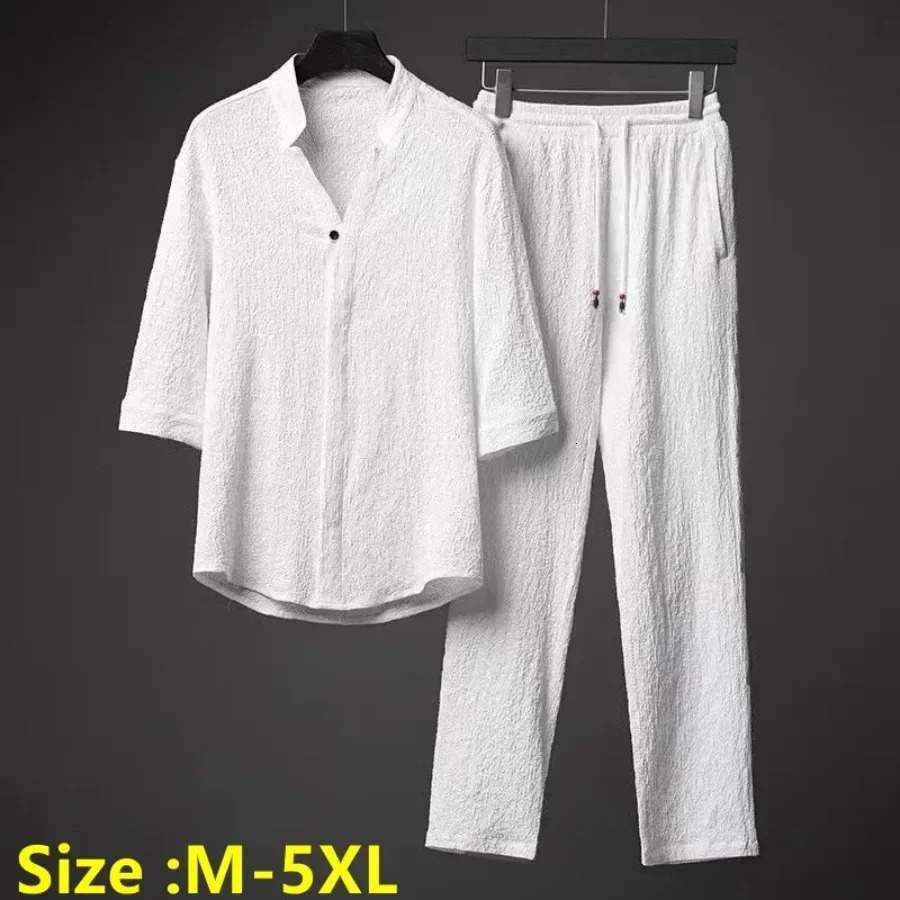 2025 Mens Two Piece Pant Sets Spring Summer Short Sleeve Shirt And Pants Outfits For Men Solid Cotton Linen Clothing Sets Male250206