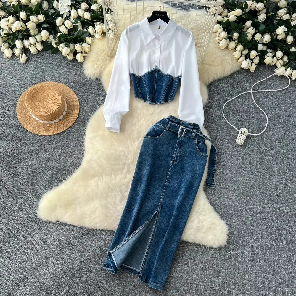 Women TwoPiece Sets Vintage Turndown Collar Cowboy Spliced Shirt and High Waist Split Skirt Korean Street Autumn Clothing 250208