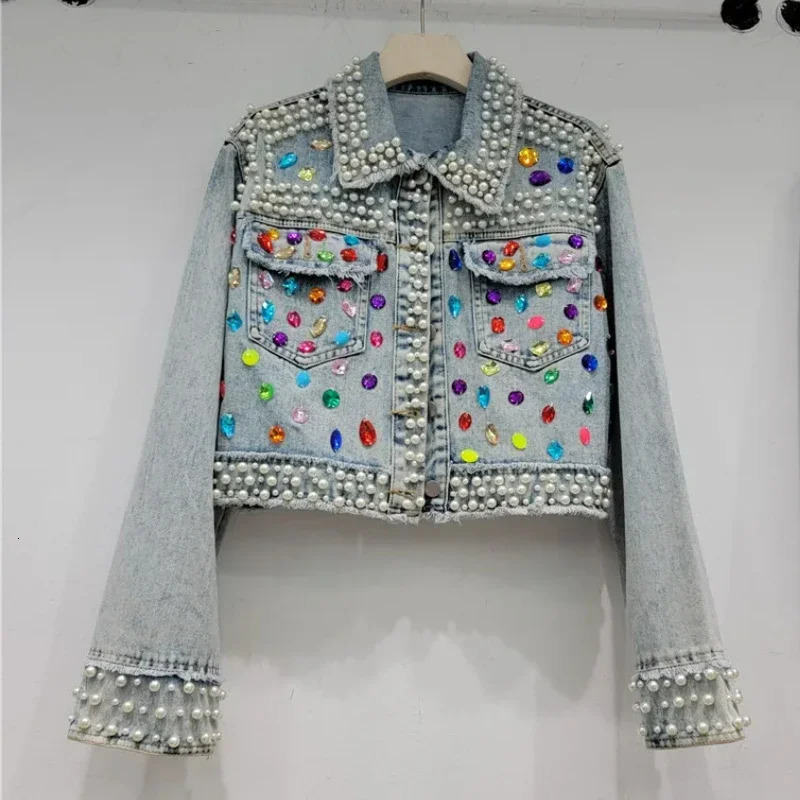 Spring Autumn Women Rainbow Diamonds Pearls Beaded Denim Jacket Rhinestones Rivets Short Jeans Cow Cardigan Sequined Outwear 250122