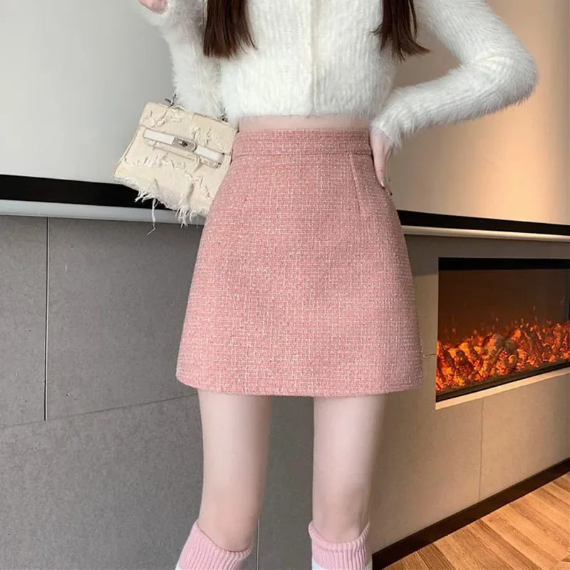 Korean high waisted coarse tweed skiing womens fashion restrained streetwear mini solid color fully matched Aline 250206Z