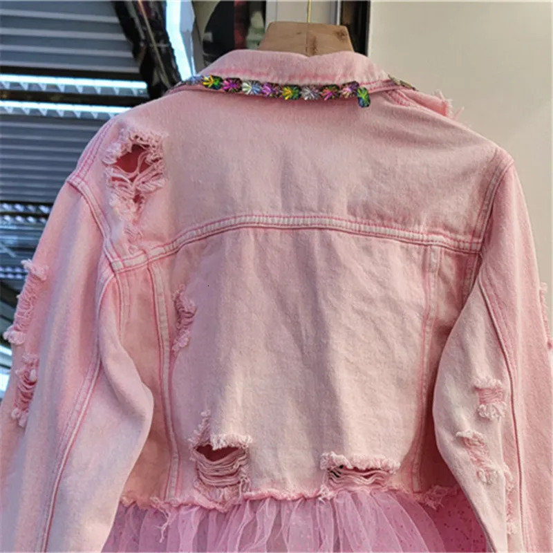 Heavy Work Mesh Splicing Diamonds Big Pocket Denim Jacket Women Slim Holes Cow Outerwear Korean Pink Jeans Jacket Coat Female 250122