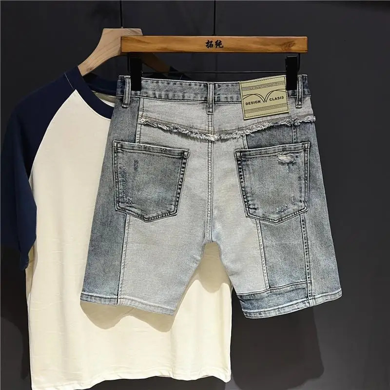 Korean Style Clothes Korean Clothing Mens Knee-Length Spliced Cow Denim Shorts Stretch Casual Short Jeans Man 250206