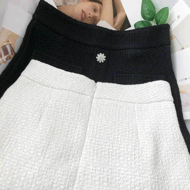 OCEANLOVE Tweed Women Skirts Solid Ruffles Vintage Aline Buttons Autumn Winter Folda Korean Elegant Skirt Femme Retro 250206Z